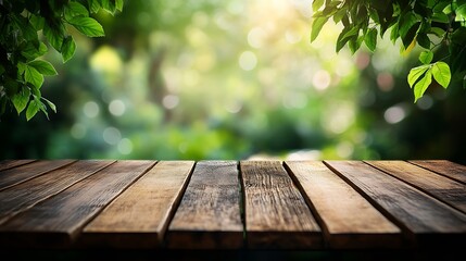 Poster - brown wood plank table top on blur and bokeh abstract green tree in the gardening for banner design or natural display product background with copy space : Generative AI