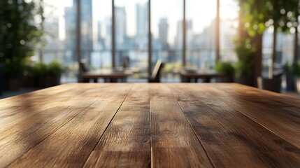 Poster - Empty office wooden desktop with empty space on modern boardroom with large window background closeup mock up : Generative AI