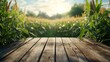 © Generative AI - The empty wooden table top with blur background of corn field Exuberant image : Generative AI