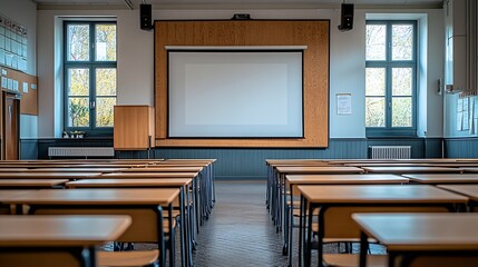Fototapete - Classroom interior with white board projection screen and wooden desks : Generative AI