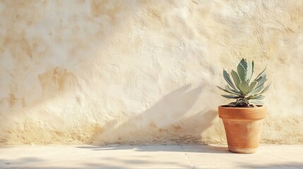 Aufkleber - Empty texture stucco wall with shade and aloe clay pot Summer background with traditional home exterior Architecture design with neutral rustic aesthetic : Generative AI