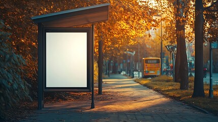 Poster - bus shelter at bus stop blank lightbox billboard ad sign white ad poster and commercial space green urban street display panel empty vertical outdoor poster space mockup base  backgrou : Generative AI
