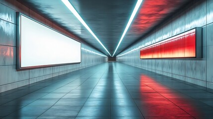 Poster - Horizontal blank advertising banners posters mockup in underground tunnel walkway outofhome OOH media display space lightbox 12 sheet template : Generative AI