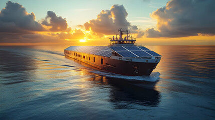 A large cargo ship with solar panels sails across the ocean at sunset.