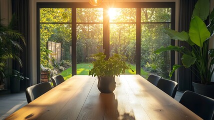 Wall Mural - Contemporary dining room featuring a wooden table black chairs and ample natural light from french doors leading to a garden : Generative AI