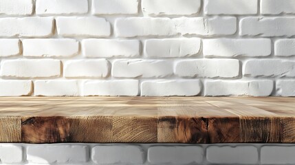 Aufkleber - Empty space wooden top surface on white brick wall background with natural lighting Mockup scene display for products presentation : Generative AI