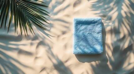 Aufkleber - Summer pastel background top view beach towel on sand shadow of palm leaf sunlight Summer beach day concept relaxation rest time Minimal design lifestyle background with empty space : Generative AI