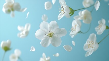 Poster - Different beautiful white flowers falling on light blue background : Generative AI