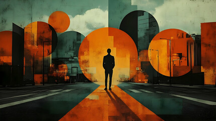 Canvas Print - A man stands in the middle of a street with abstract geometric shapes, with an orange and green color scheme.