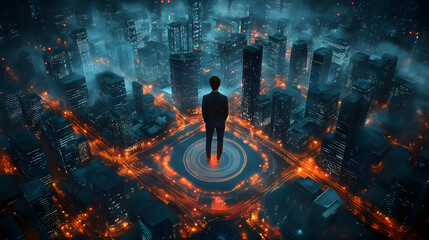 Wall Mural - A man stands on a glowing platform overlooking a futuristic city.