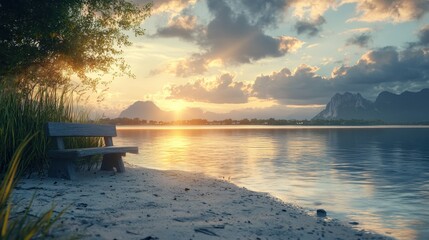 Wall Mural - Tranquil Sunset on the Lake with Mountain View and Bench