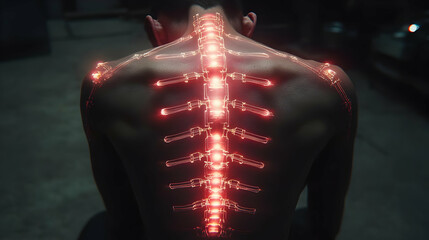 A man's spine is highlighted with glowing red light, appearing as a futuristic, skeletal structure.