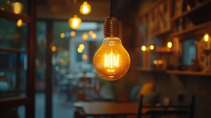 Aufkleber - Loft style light bulb glowing Warm light Room or Coffee shop interior selective focus : Generative AI