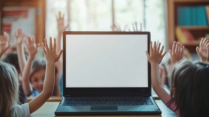 Poster - Laptop computer with blank mockup screen on teachers table with junior children pupils raising hands in classroom Education software website technology ads concept : Generative AI