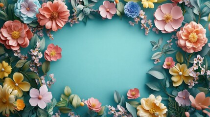 Colorful Paper Flowers Frame on Teal Background