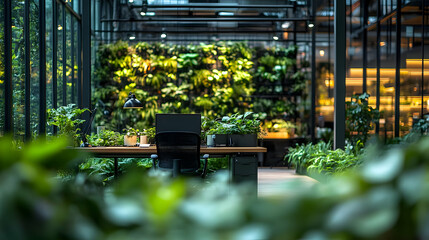 Sticker - A modern office desk with a black office chair, lamp, and computer sits in a lush green interior with plants.