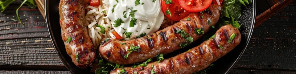 Canvas Print - Skinless Cevapcici Sausages Made with Vegan Soy Protein, Served with Rice and Sour Cream on a Black Plate atop a Dark Wooden Surface