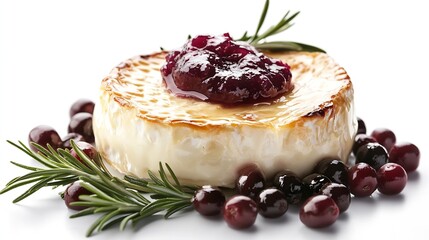 Poster - Tasty baked brie cheese with rosemary fruits and jam isolated on white : Generative AI