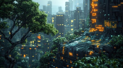 Futuristic Cityscape with Technology and Nature