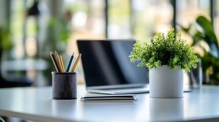Leinwandbilder - Modern workplace with laptop computer pencil holder and notebook on white table : Generative AI
