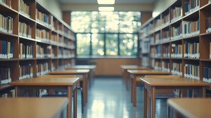 Fototapete - Abstract blurred empty college library interior space Blurry classroom with bookshelves by defocused effect use for background or backdrop in book shop business or education resources  : Generative AI