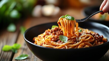 Wall Mural - A hand holding a fork with spaghetti with bolognese tomato sauce in black bowl on wooden table : Generative AI