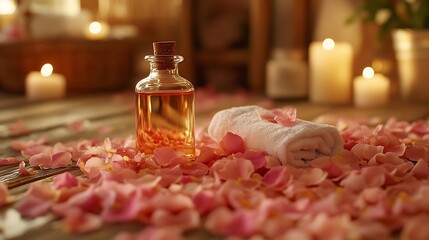 Poster - Aromatherapy Organic natural floral plant ingredients for spa treatment in salon Rose petals essential oil burning candles towels delicious herbal tea Atmosphere of relax detention : Generative AI