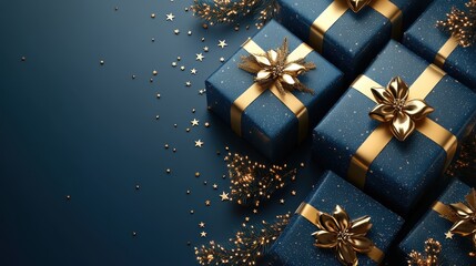 Wall Mural - Elegant Christmas Gift Boxes with Gold Ribbon and Decorations on Blue Background