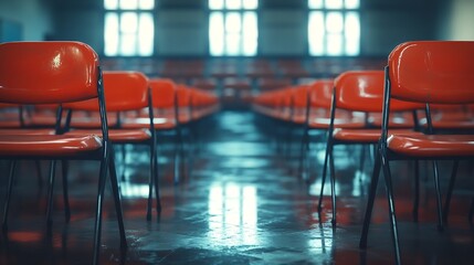 Fototapete - The concept of graduating from high school Upsidedown chairs in an empty classroom at the school : Generative AI