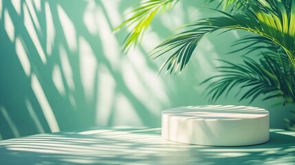 Wall Mural - Minimal abstract background for the presentation of a cosmetic product Empty premium podium with a shadow of tropical palm leaves on a green background Showcase display case : Generative AI