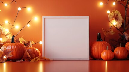 Aufkleber - White empty frame in orange solid color studio scene white lights Halloween background Product display mockup design : Generative AI