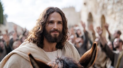 Triumphal entry scene: Jesus Christ rides into Jerusalem on donkey, met by jubilant crowds waving palm branches, symbolizing peace, prophecy, significance of Palm Sunday in Christian tradition.