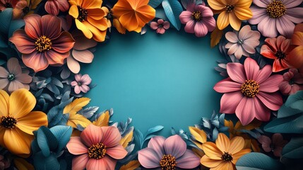 Wall Mural - Colorful Flowers Frame with Teal Background