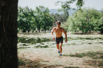 Wall Mural - Young shirtless man running in a park near a pond, enjoying an outdoor workout surrounded by nature.