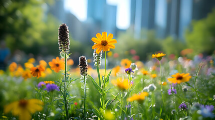 Wall Mural - A single yellow wildflower blooms in a field of wildflowers.