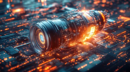 Wall Mural - Futuristic Camera Lens on Circuit Board with Orange Glow