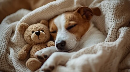 Poster - sweet dreams Sleeping dog face with closed eyes cuddling with bear toy dog Jack Russell terrier under comfortable white bed covered with blanket and beige plaid Cozy cute resting pet a : Generative AI