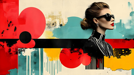 Poster - A stylish woman in black and white stripes wearing sunglasses against an abstract background of red, yellow, and blue.