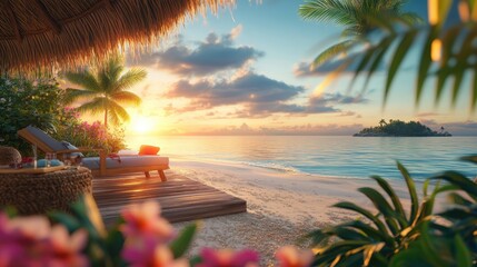 Poster - Tropical Beach Paradise Sunset with Lounge Chair and Palm Trees