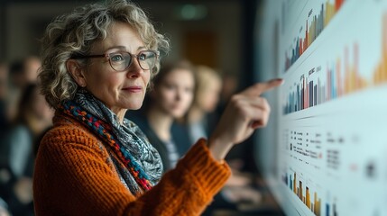 Poster - A mature female instructor points to a chart on a digital screen during an educational session in a welllit classroom : Generative AI