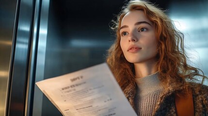 Poster - A woman reads an advertisement for a new product on an elevator screen The woman is intrigued by the ad and considers buying the product The ad is welldesigned and effectively targets  : Generative AI