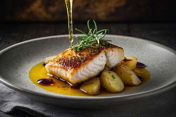 a succulent cod fillet bathed in rich olive oil