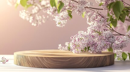Poster - Geometric empty podium wooden platform stand for product presentation and spring flowering tree branch with white lilac flowers on pastel light background : Generative AI