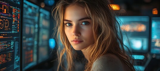 AI cyber security concept. Female IT Computer specialist analyzing artificial intelligence digital threats to consumer data & privacy breach. Software developer coding & ethical hacking in dark office