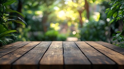 Poster - brown wood plank table top on blur and bokeh abstract green tree in the gardening for banner design or natural display product background with copy space : Generative AI
