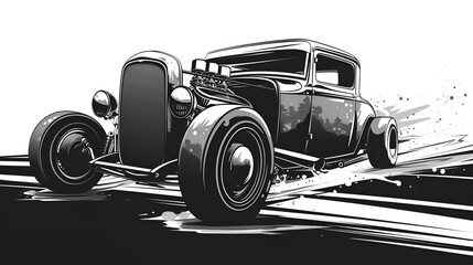 Canvas Print - Beautiful black and white drawing of old car