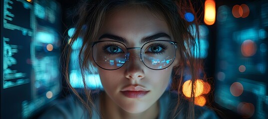 AI cyber security concept. Female IT Computer specialist analyzing artificial intelligence digital threats to consumer data & privacy breach. Software developer coding & ethical hacking in dark office