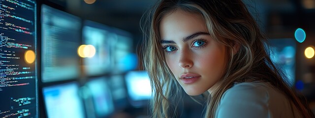 AI cyber security concept. Female IT Computer specialist analyzing artificial intelligence digital threats to consumer data & privacy breach. Software developer coding & ethical hacking in dark office