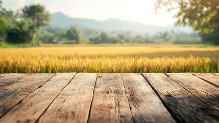 Poster - Wooden table top on blur rice field background in daytimeHarvest rice or whole wheatFor montage product display or design key visual layoutView of copy space : Generative AI