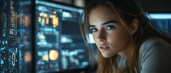 AI cyber security concept. Female IT Computer specialist analyzing artificial intelligence digital threats to consumer data & privacy breach. Software developer coding & ethical hacking in dark office